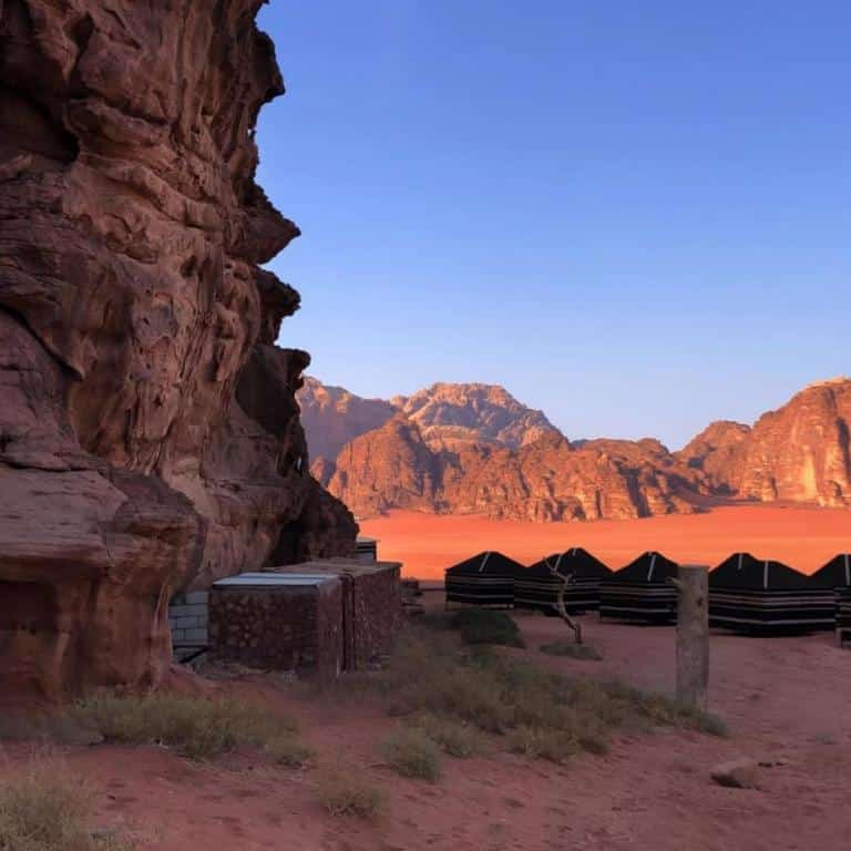 Camp site beside a hill in the Wadi Rum desert