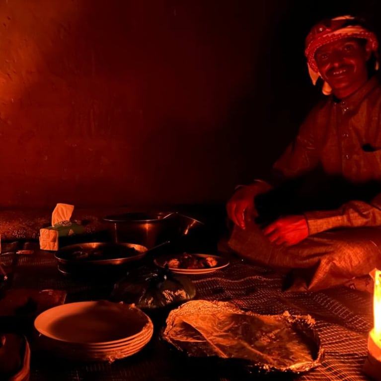 Eating at our Wadi Rum cave camping